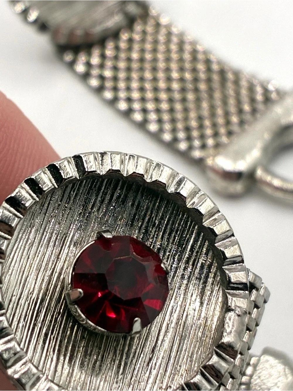 Vintage Silver Tone Mesh Cufflinks Red Rhinestone Wrap Around Formal